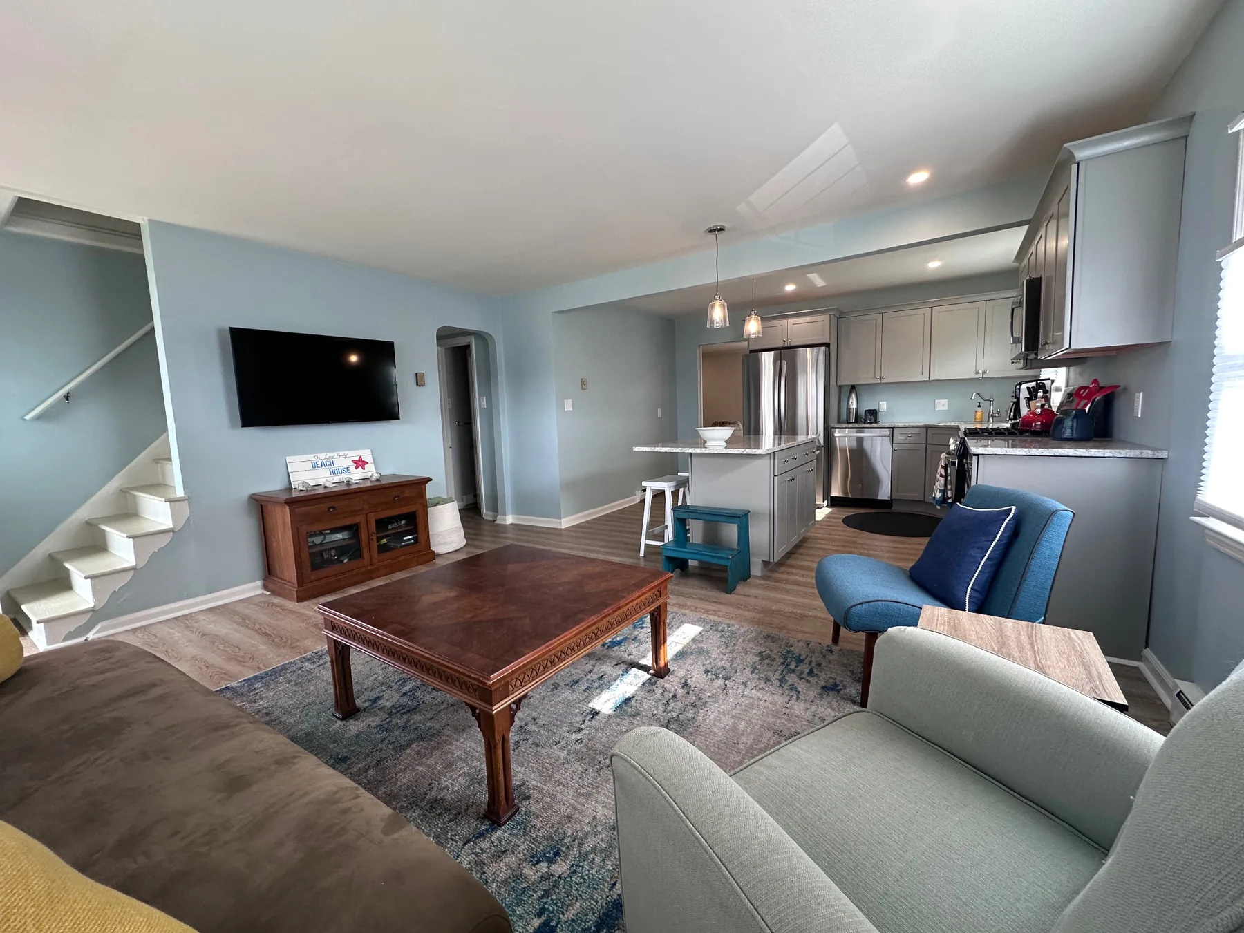 Open living room and renovated kitchen at Brigantine Beach House
